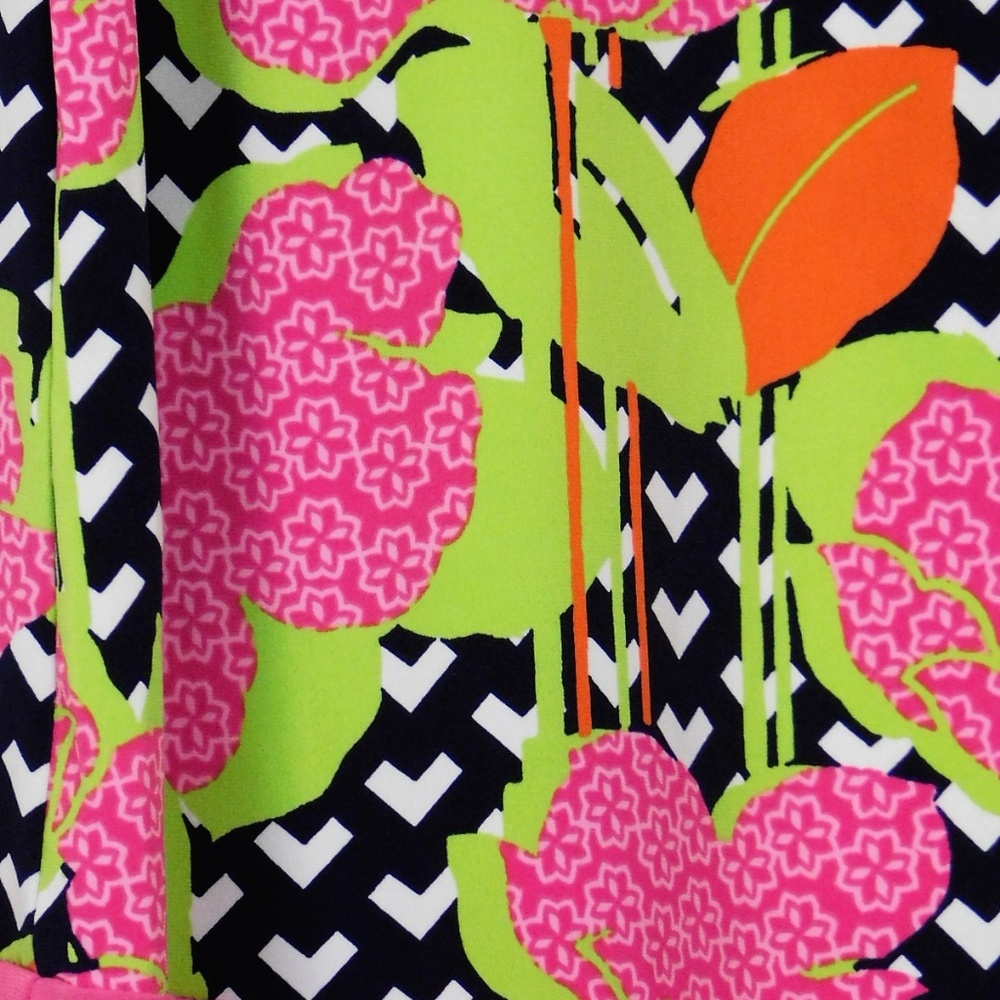 KAARI BLUE Cold Shoulder Shift Dress XS Navy Pink Stretch Knit Preppy Tropical - Picture 5 of 8